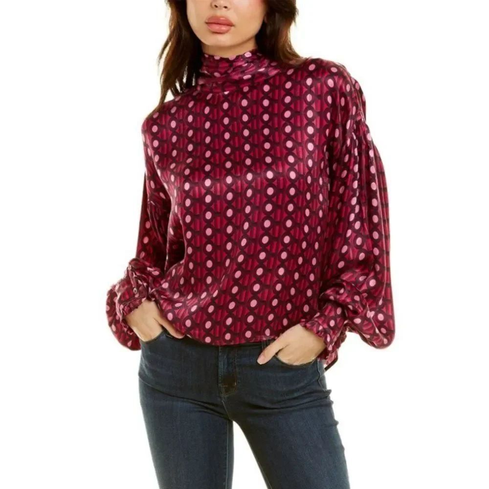 NWT Host & Var Ring My Bell Long Sleeve Blouse Dot Hot Pink Satin Size L